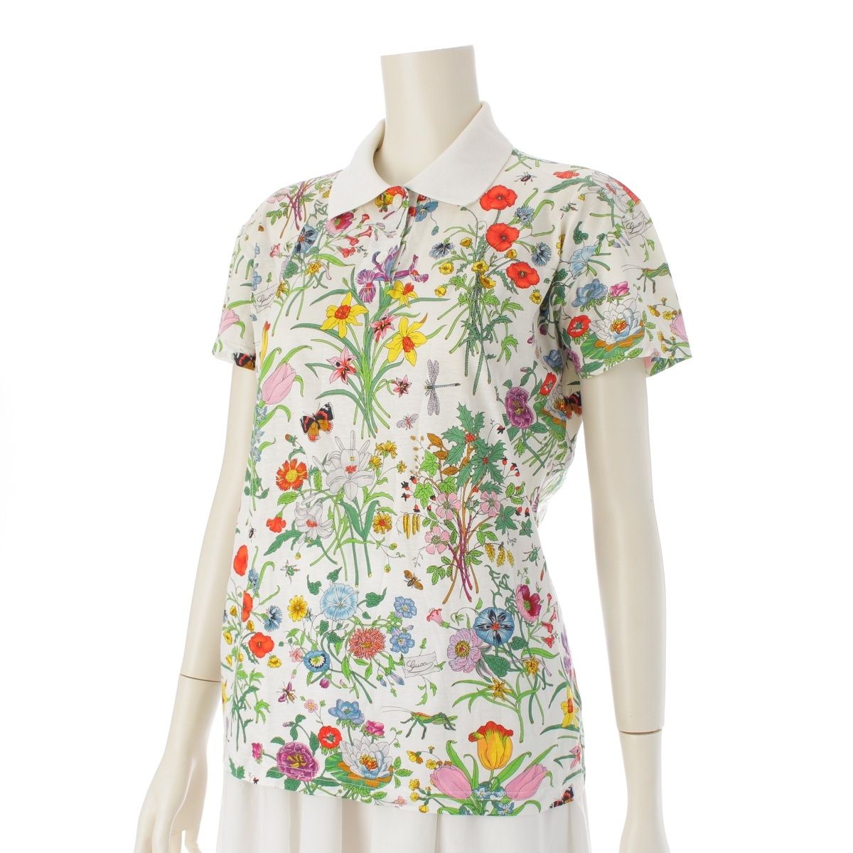 グッチ ヴィンテージ コットン フラワープリント ポロシャツ トップス ホワイト S