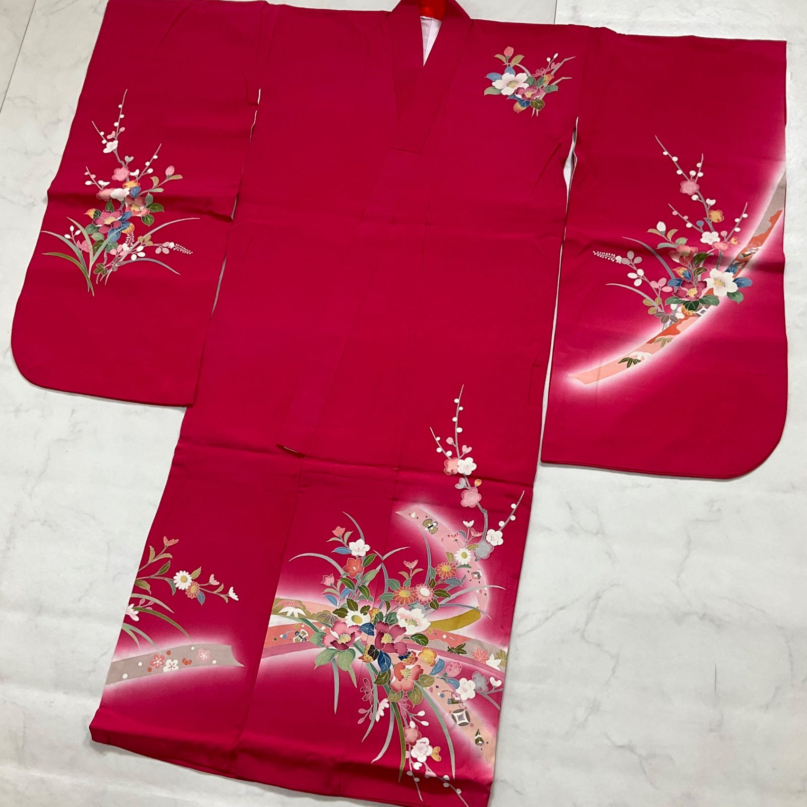 ◆kimono one◆ 同然◆7歳くらい用◆女の子着物◆手描き友禅◆正絹◆子供着物◆七五三◆袷◆裄58㎝肩丈121㎝◆七五三お詣り女の子着物こどものひお正月卒業式十三詣り◆G317