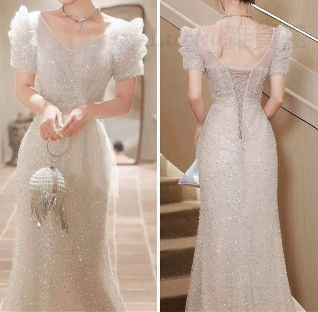 スパンコールがゴージャスでオシャレな半袖 イブニングドレス