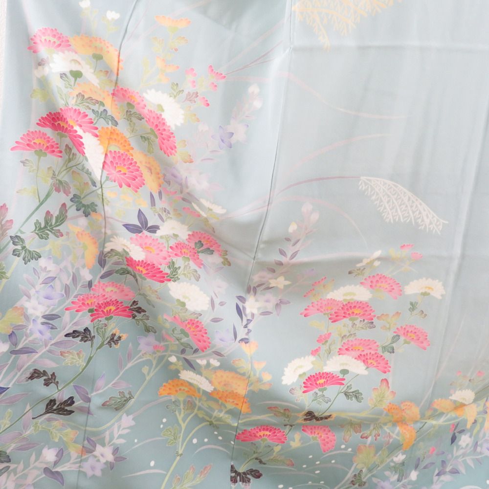 本加賀友禅 訪問着 白坂幸蔵 秋草に菊文様 薄緑色 作家物 落款入 正絹