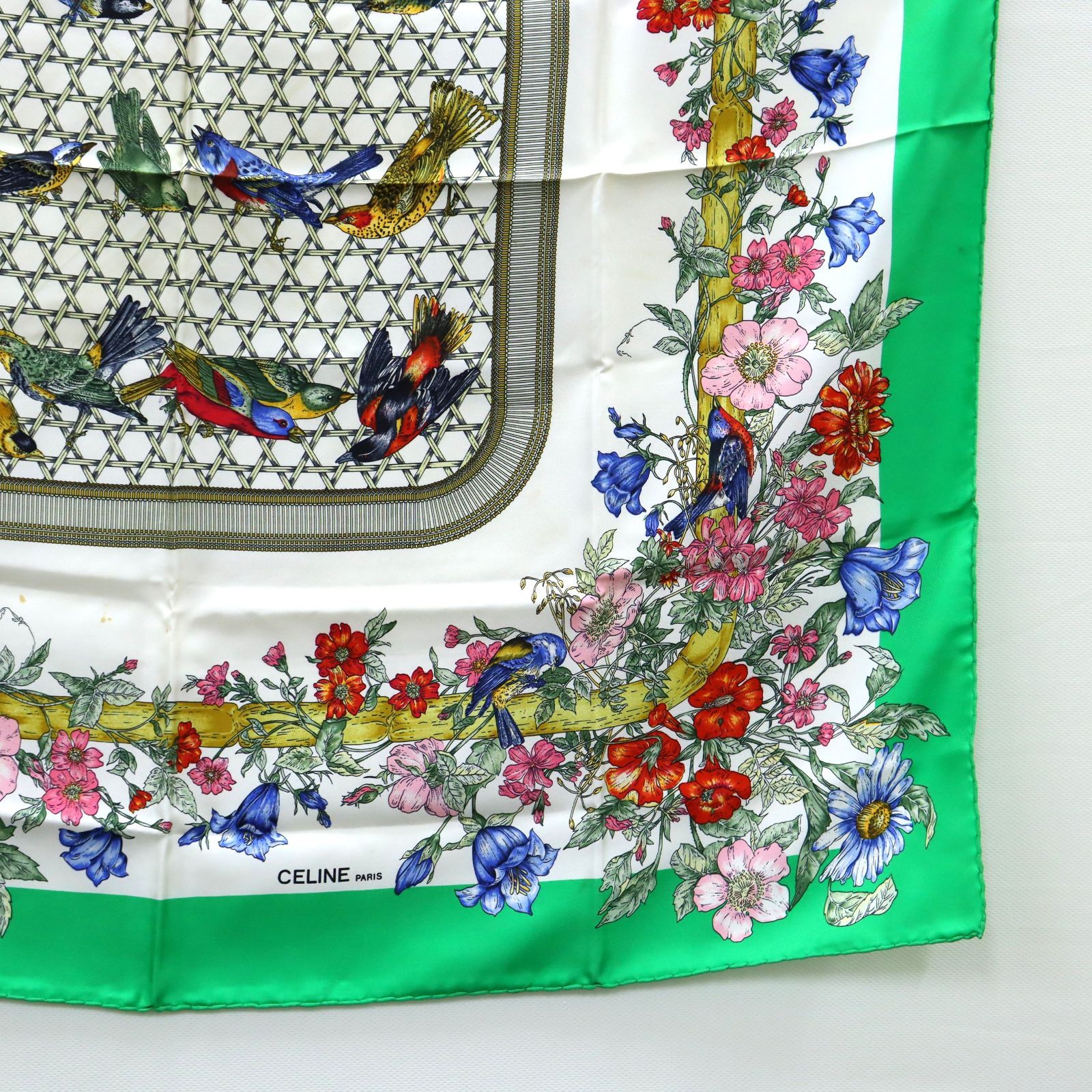 CELINE セリーヌ シルク スカーフ 緑 大判ショール 鳥 お花