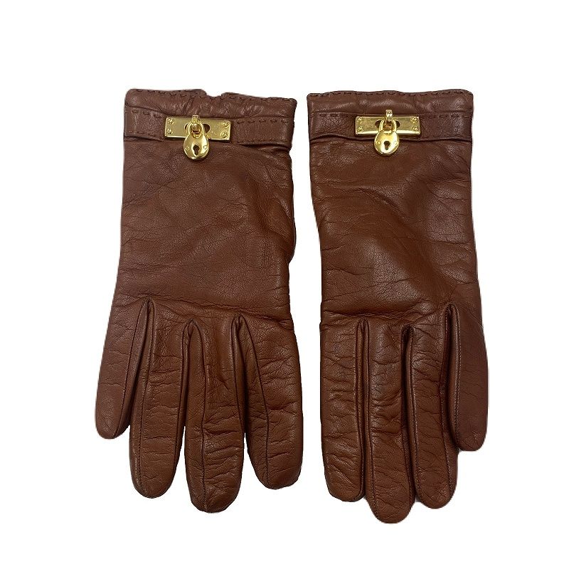 セルモネータ グローブス(Sermoneta gloves) 本革×カシミヤ レディースグローブ ブラウン サイズ7 ロックチャーム レア 【中古】 JA-19430