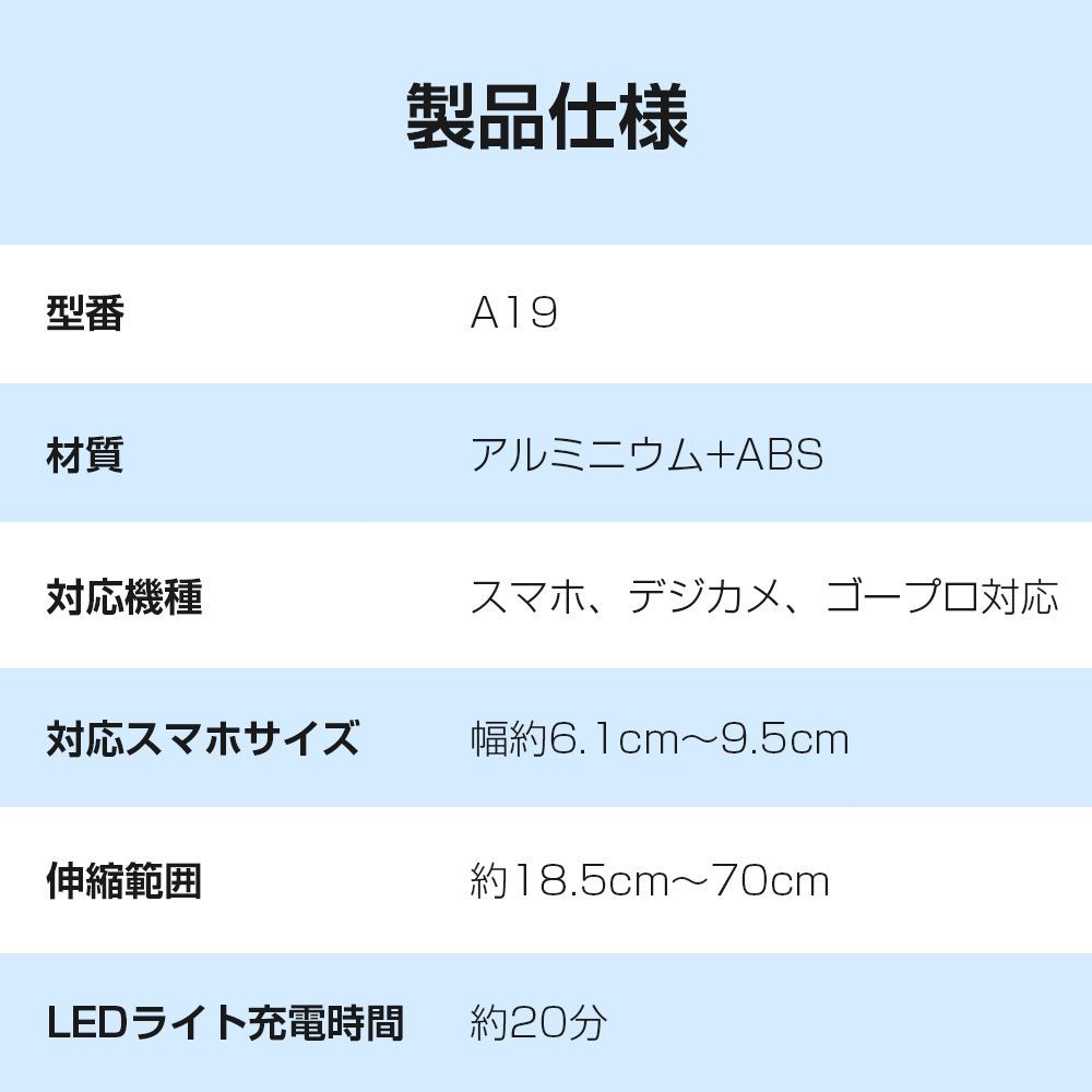 自撮り棒 セルカ棒 三脚 Bluetooth リモコン付き 自撮り 遠隔撮影 iphone android 対応 三脚付き LEDライト付き ワイヤレス シャッター付き 軽量 コンパクトA19SJ