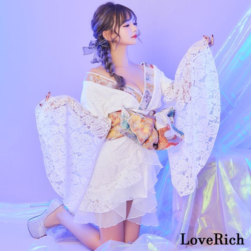 LoveRich ラブリッチ 2点セット 鶴柄 レース フリル オーガンジー 和柄 花柄 ミニ 豪華 帯 花魁 着物 ドレス コスプレ ハロウィン キャバドレス 1320