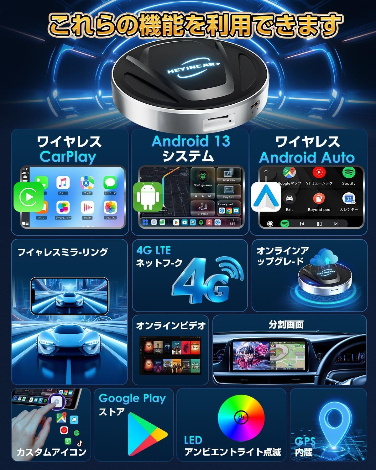 Android 13アタブター nano Box SIMカード Micro SDカードスロット AI 投影 ワイヤレス Carplay CarPlay ワイヤレス Android HEYINCAR Auto 前席でYoutube Netflix 業界最新
