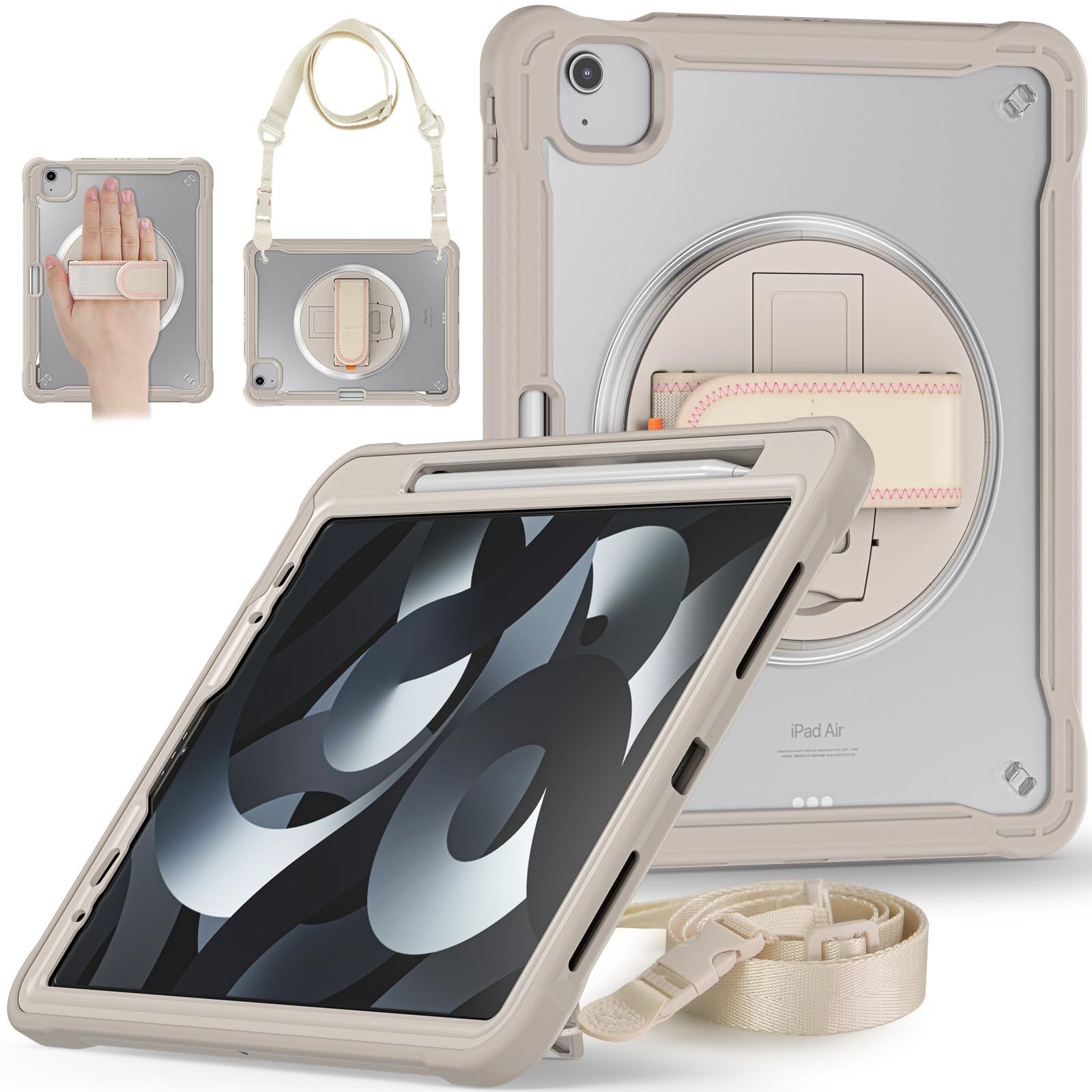 360度 回転 ハンドベルトiPad Air11 2024/ iPad Pro11 第4 3 2 1世代 ケース 縦置き 横置き スタンド ショルダーストラップ付き 頑丈 iPad Air4 Air5 ケース タブレット カバー肩掛け 斜め掛け ペ