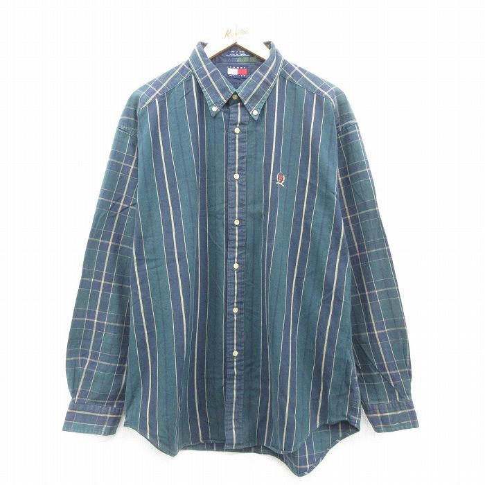 XL/古着 トミーヒルフィガー 長袖 ブランド シャツ メンズ 90s ワンポイントロゴ 大きいサイズ コットン ボタンダウン 緑他 グリーン スト