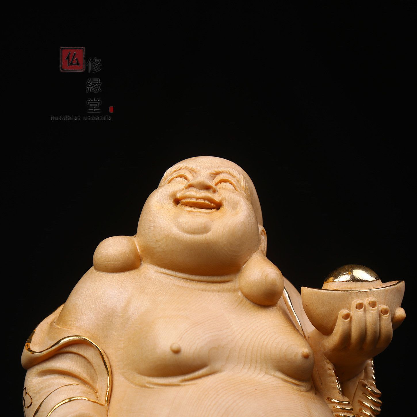 修縁堂】極上品 木彫仏像 七福神弥勒仏 布袋様 彫刻 本金 切金