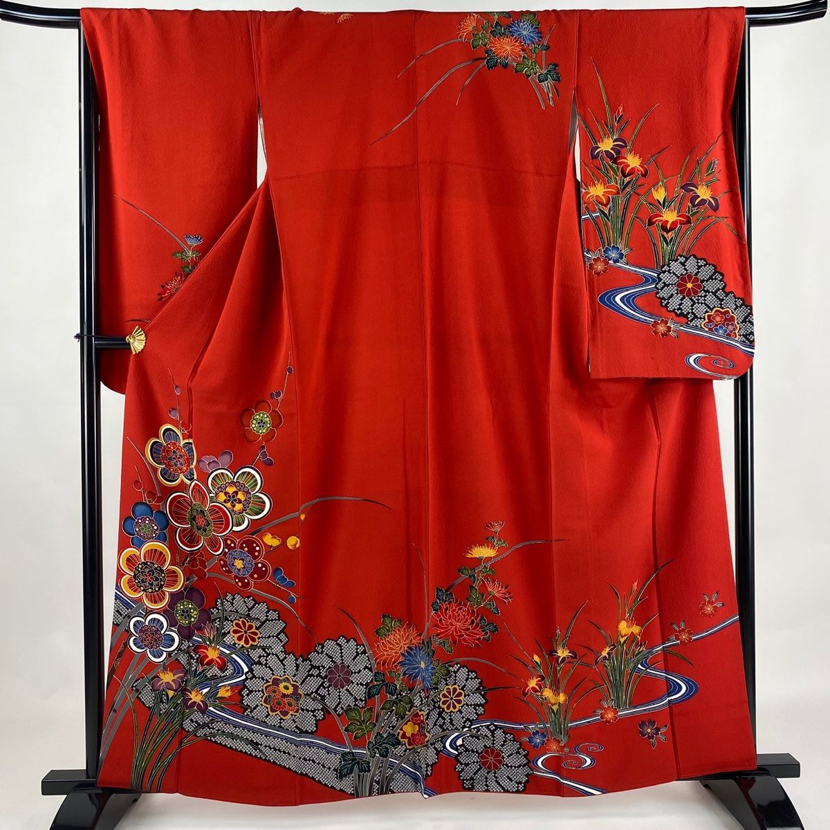 振袖 身丈159cm 裄丈66cm M 単衣 二尺袖 梅 流水 赤 正絹 美品 秀品  