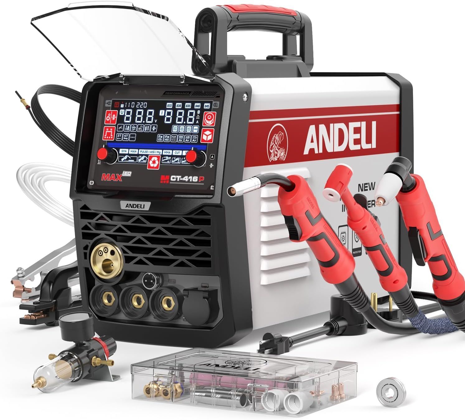 半自動溶接機 アルミ溶接 100V|200V兼用 160AMP MIG|手棒溶接|HF TIG溶接|プラズマ切断 ガス-ノンガス半自動溶接 5 in 1多機能MIG溶接機 LEDスクリーン 工業用 家庭用 MCT-416P