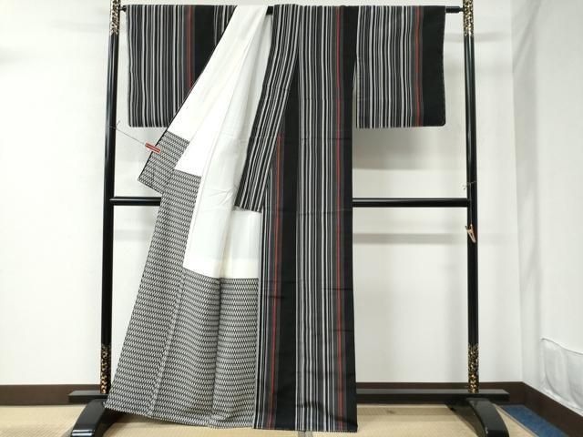 平和屋着物○上質なお召 縞 黒地 正絹 逸品 未使用 CAAU2643yc 平和屋