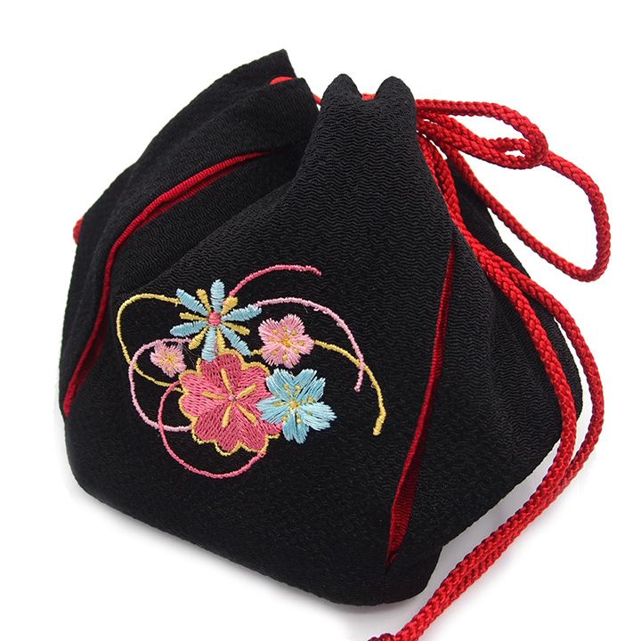 新品，最新作 巾着 巾着バッグ 巾着袋 きんちゃく 和柄 七五三 三歳 五歳 七歳 浴衣 子供 女の子 キッズ 花 桜 さくら 黒 赤 ピンク 黄色 水色 ちりめん 縮緬 お正月 雛祭り ひな祭り 夏祭り 花火大会 送料無 和装小物