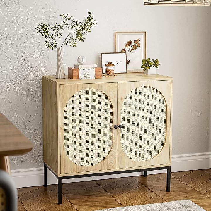 IKIFLY ラタンキャビネット 木製 天然ラタンサイドボード チェスト