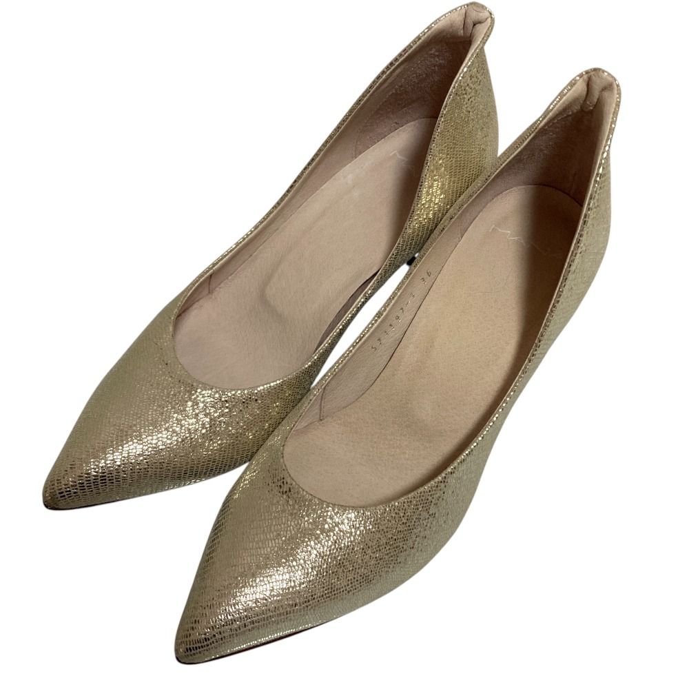 中古】未使用 MANA マナ ポインテッドトゥ ミドルヒール ラメ パンプス  