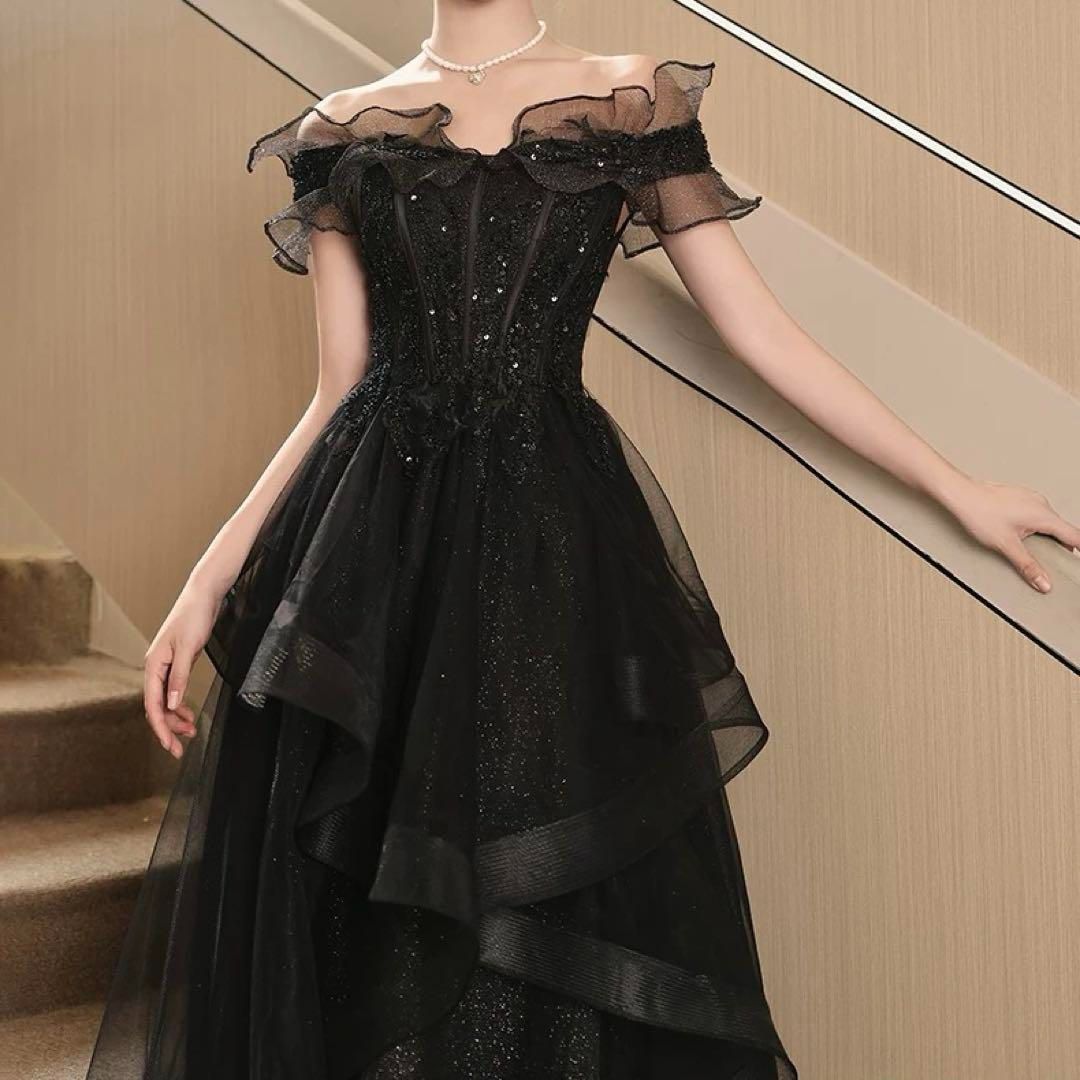 シンプルオシャレなフリルが美しい オフショル ロングドレス シンプルオシャレなフリルが美しい オフショル ロングドレス