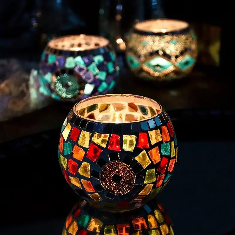 トルコキャンドルホルダー モザイクガラス ボール 各1個 フラワー