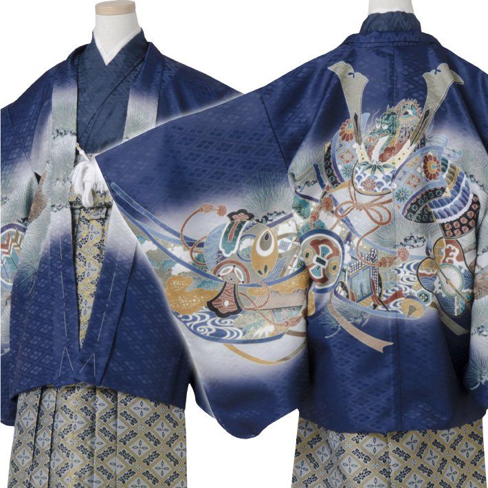 七五三 着物 男の子 五歳 13点フルセット 羽織袴セット 兜 御所車 紺 ネイビー 753 五才 5歳 5才 子供 男児 販売 totalset-00056