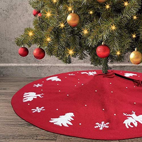 122CM_レッド クリスマス ツリースカート 赤 円型 直径122cm トナカイ ニット製 タオル型刺繍 レッド 雪花 真珠 鹿 ツリーカバー クリスマス飾り 可愛い 豪華 正月飾り ギフト ベースカバー オー
