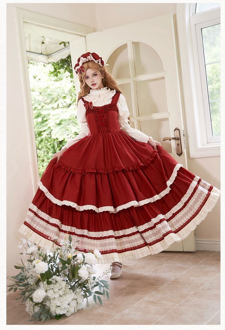 オリジナルデザインロングフ スカート JSK 7点セット ロリータドレス ブラック＆レッド 大人 レース刺繍入り 優雅なデザイン 仮装用 撮影会 ハロウィン イベント衣装 高品質 プレゼントにも最適