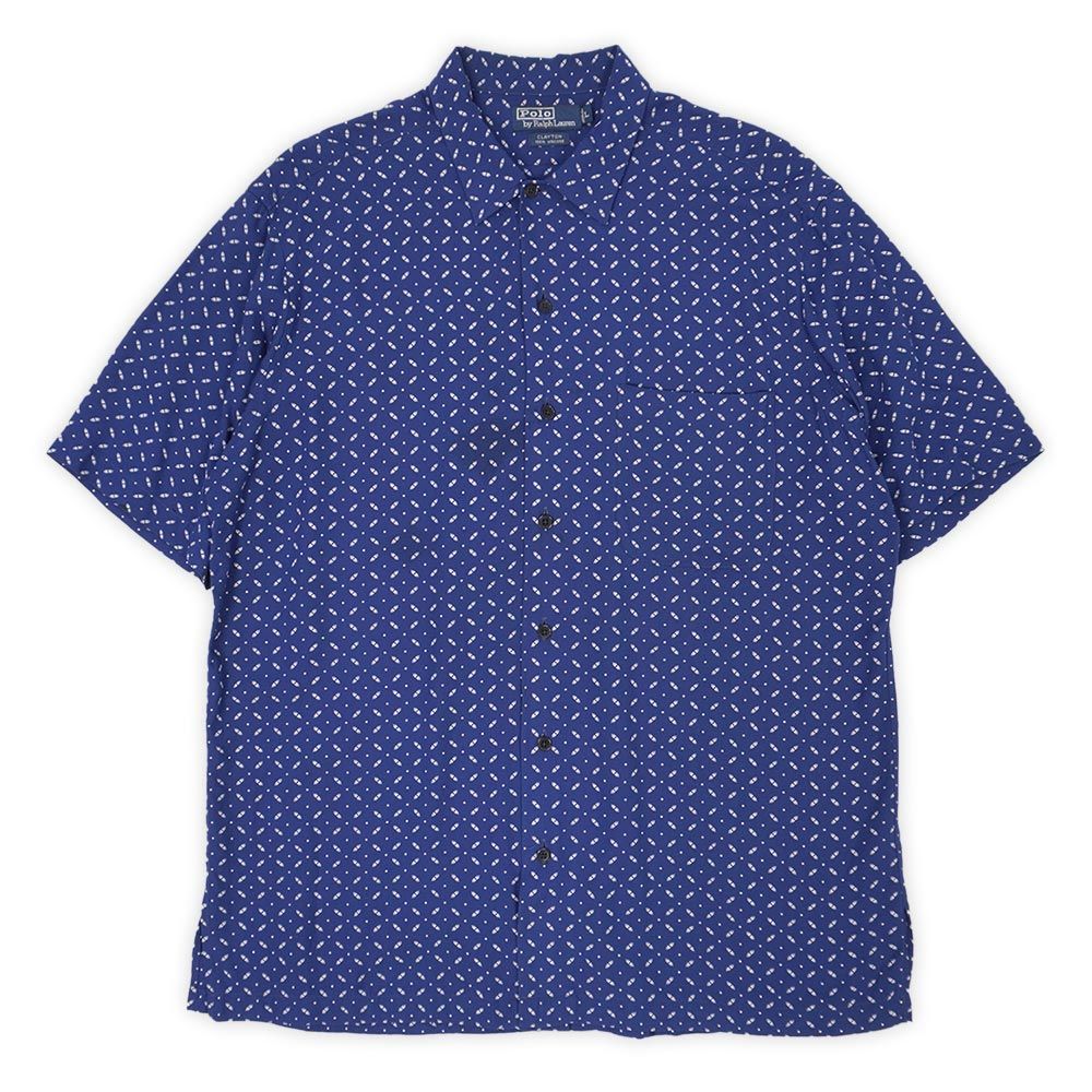 ポロラルフローレン POLO RALPH LAUREN 90s 90年代 半袖 総柄 レーヨンシャツ CLAYTON クレイトン レギュラー USA アメリカ ヴィンテージ 古着 メンズ ネイビー 紺 L