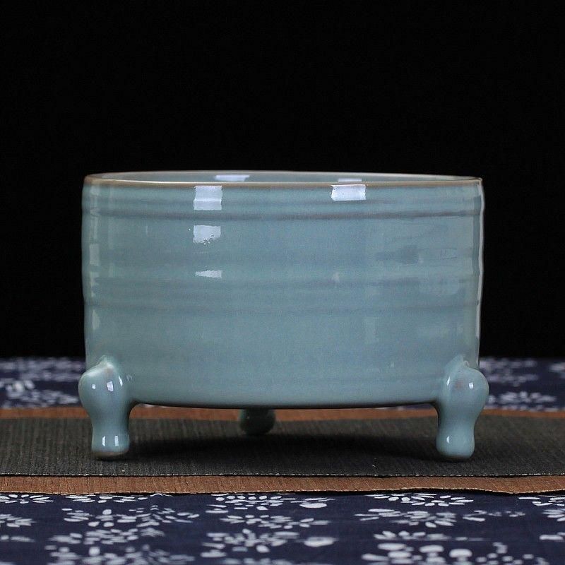 宋汝窯 青釉双耳竜頭三足香炉  景徳鎮 陶磁器 装飾品 現代工芸品 美術品 置物 宋汝瓷开片三足双耳熏香炉