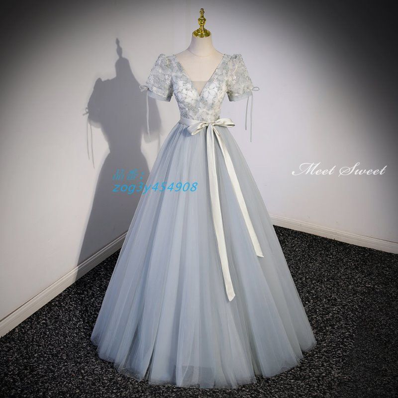ドレス ロングドレス Aラインドレス グレー 半袖 結婚式 イブニングドレス 発表会 コンサート 演奏会 二次会 ウエディングドレス ウェディングドレス zog3y454908