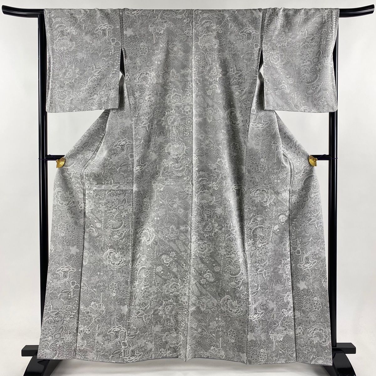 小紋 身丈162.5cm 裄丈66cm M 袷 山岡古都 落款 草花 紋意匠 灰色 正絹