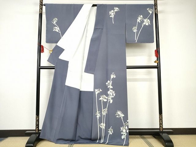 平和屋本店□極上 本加賀友禅作家 由水煌人 訪問着 枝花文 藍墨茶色地