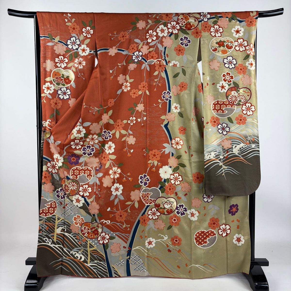 振袖 身丈168cm 裄丈66.5cm M 袷 団扇 菊 金糸 金彩 赤茶 正絹