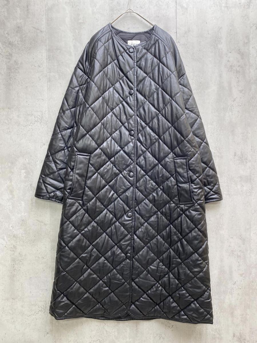 ZARA ザラ フェイクレザー ノーカラーキルティング ロング コート sizeS|黒 ◆ ◎レディース