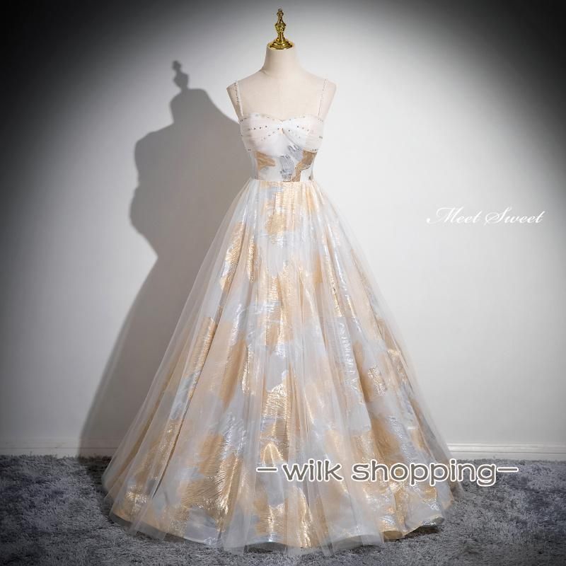 ドレス プリンセスライン ゴールド キャミソール 袖なし ロングドレス ウェディングドレス 結婚式 二次会 花嫁 前撮り 演奏会 発表会