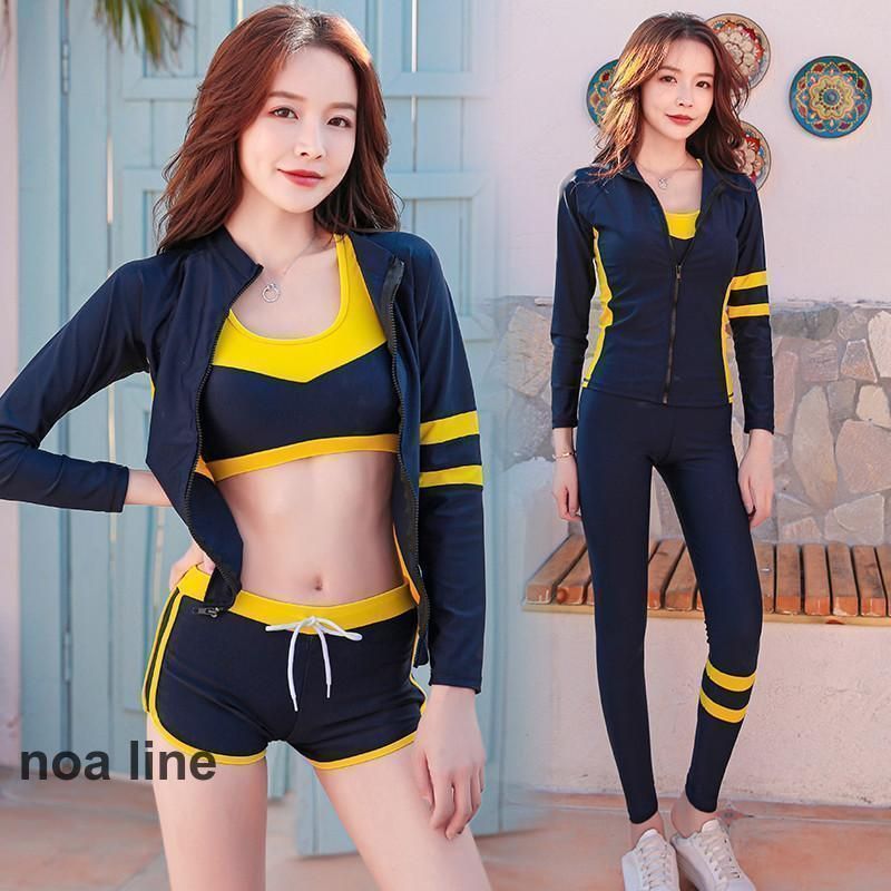 レディース 水着 4点セット ウェットスーツ 新商品 スポーティ サーフィン 長袖 ラッシュガード 日焼け防止 30代 黒 イー デザイン豊富 30代 40代 50代