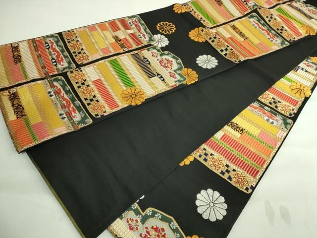 平和屋本店□極上 六通柄 本袋帯 龍村平蔵柄 源氏鎧 黒地 金銀糸 逸品