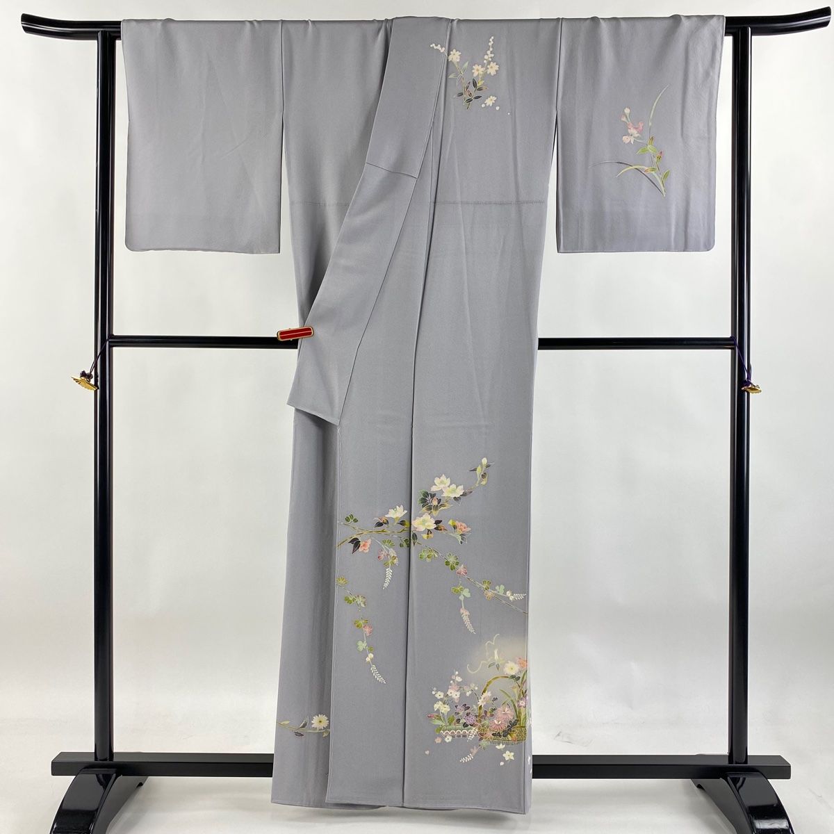 訪問着 身丈161cm 裄丈64cm M 袷 百貫石峰 落款 椿 花籠 ぼかし 灰紫