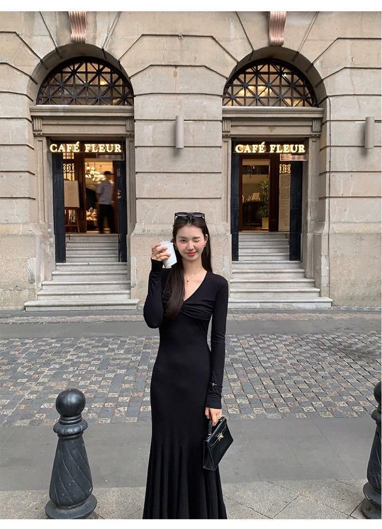 ロングVネックワンピース ヒップハグフィッシュテールスカート