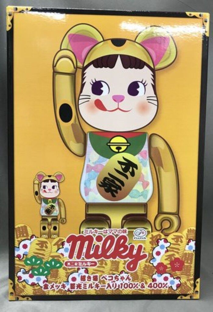 MEDICOMTOY BE@RBRICK 招き猫 ペコちゃん 金メッキ 蓄光ミルキー入り 100%u0026400% 100+400%