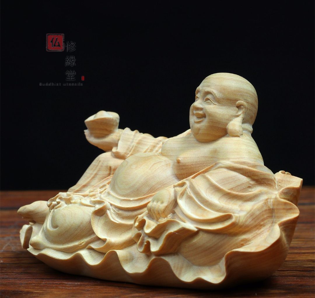 修縁堂】極上彫 木彫り 仏像 七福神弥勒仏 布袋様 彫刻 仏教工芸品 