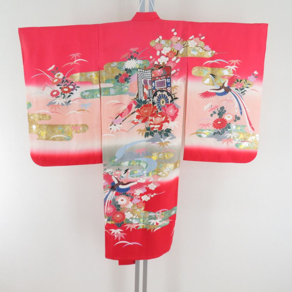 子供着物 女の子用 一つ身 赤ピンクx多色 表正絹 裏ポリエステル 御所車に花々文様 フォーマル 女児 七五三 祝着 子供きもの 身丈95cm