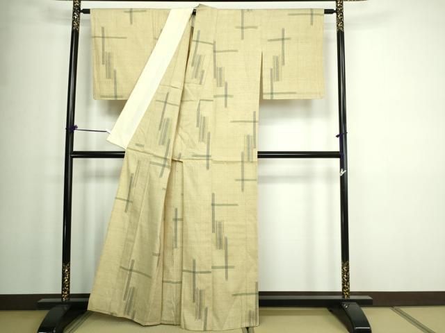 平和屋着物▽琉球紬 単衣 十字絣 反端付き 正絹 逸品 CAAT6561xi