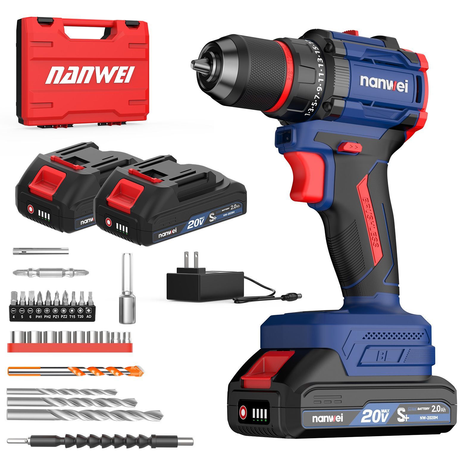 NANWEI 電動ドライバー 充電式ドリルドライバー マキタバッテリー対応 ブラシレスモーター 21段階トルク調節 2スピードモード 無断変速 最大50N·m 正逆転切替 小型軽量 LEDライト 2.0Ahバッテリー2個付き ネジ締め ネジ外し 穴あけ