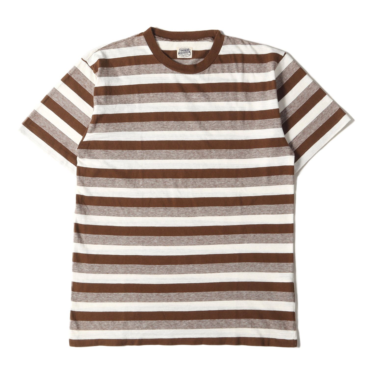 美品 TENDERLOIN テンダーロイン Tシャツ サイズ:M ボーダー クルーネック 半袖Tシャツ ブラウン ホワイト トップス カットソー【メンズ】
