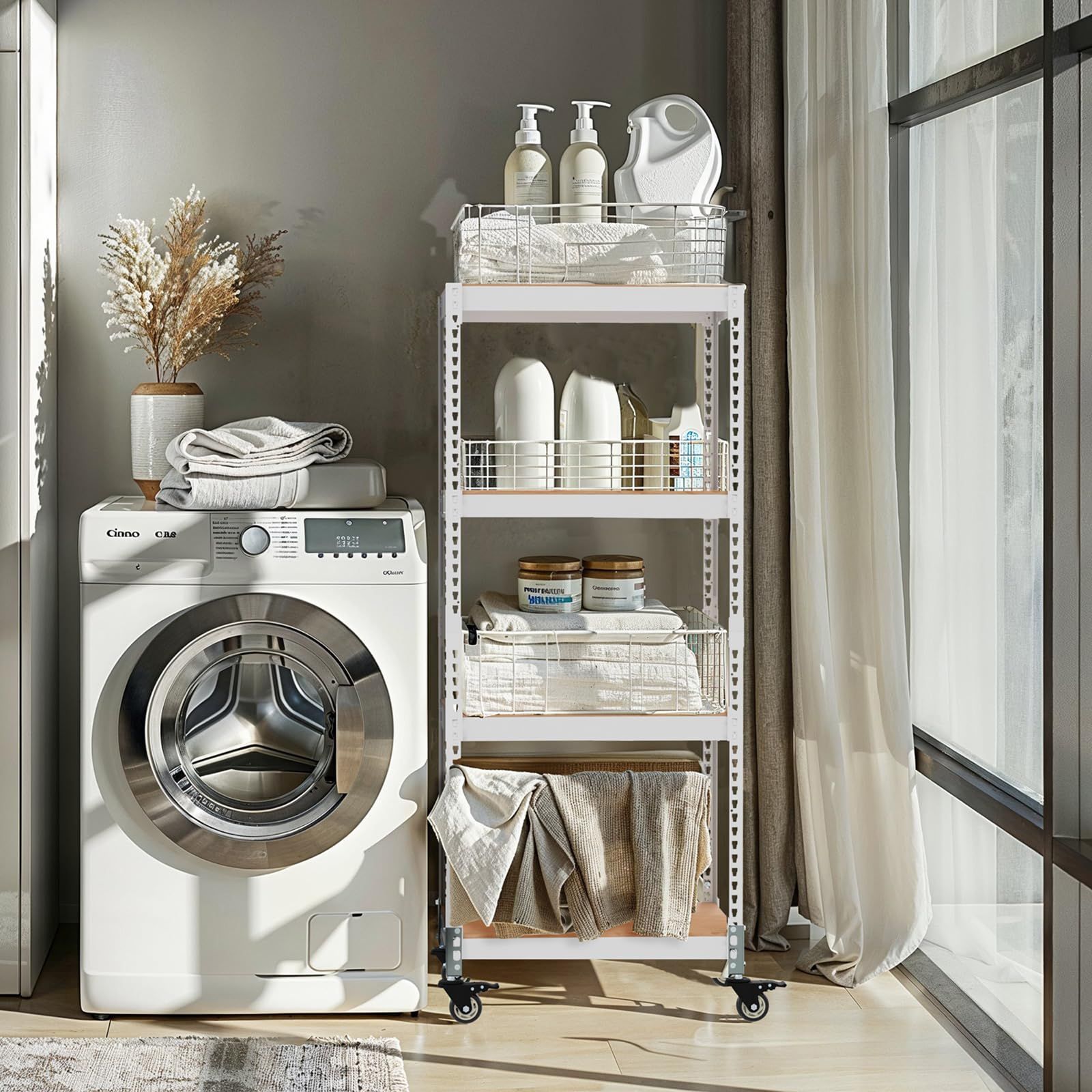 4段 中型キャスター付き 頑丈 棚 耐荷重110kg シェルフ キャスターセット 幅61×奥行41×高さ128cm ラック メタル-ウッドラック 組立品 ホワイト ドリームウェア 白 MK-AKT24NCAWH