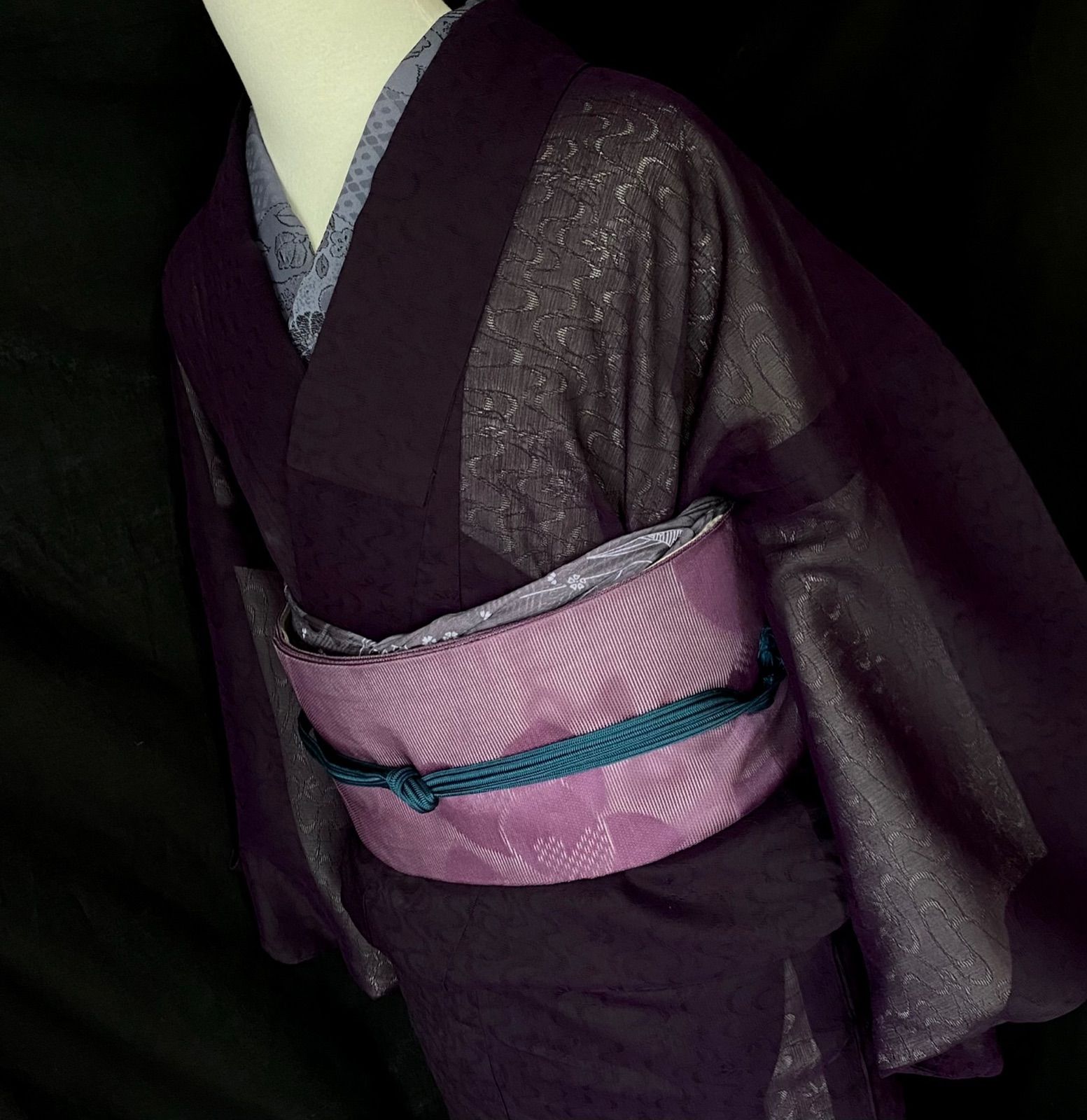 恋紫 紗の着物〉濃い紫 流水模様 笹 夏着物 透ける 織り出し - きもの
