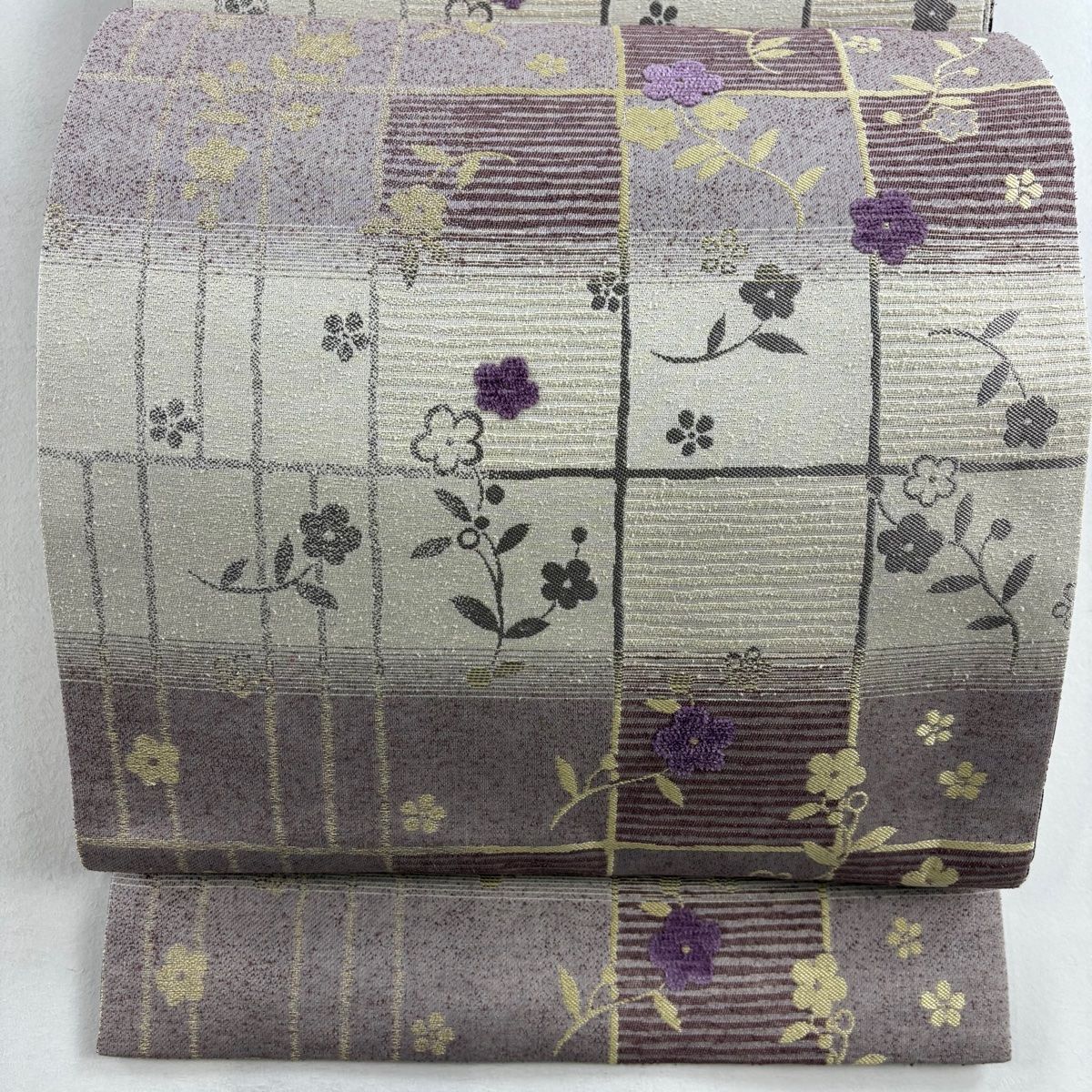 袋名古屋帯 想屋 草花 格子 ビロード風 薄紫 正絹