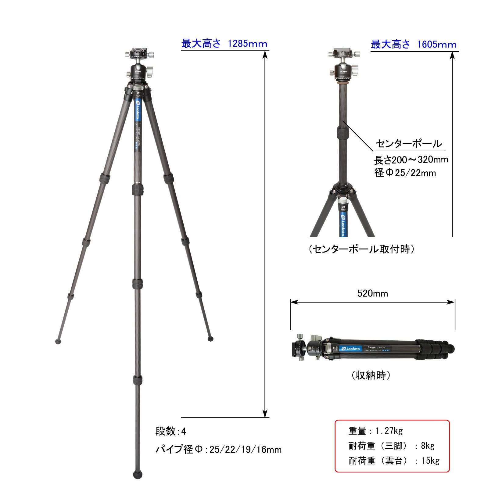 Leofoto LS-254C+LH-30R+DC-252C カーボン三脚 パンニングクランプ自由雲台セット(センターポール付き) 4段  3/8,1/4インチネジ対応 プレートNP-50付 [並行輸入品] - メルカリ