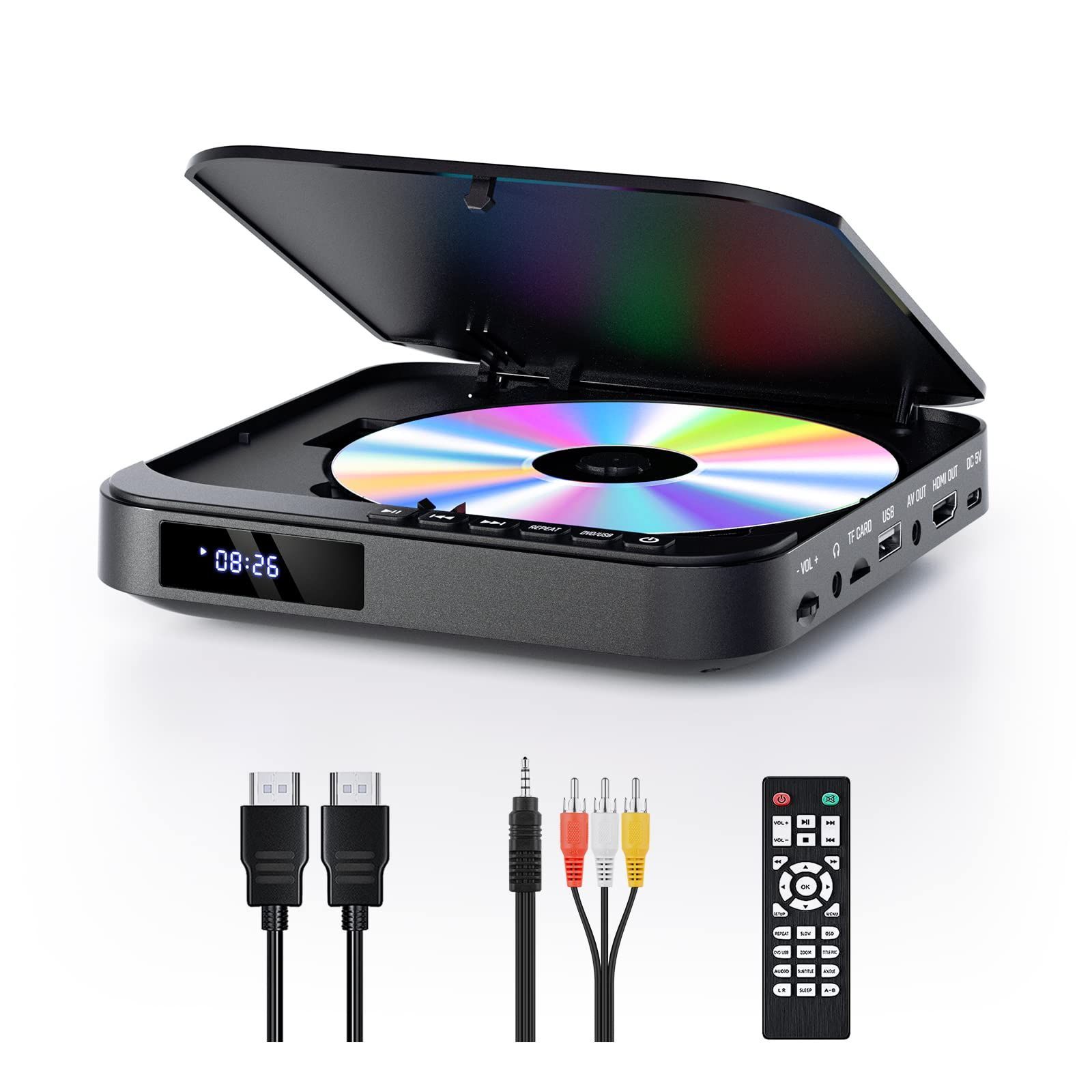 1080PサポートFELEMAN DVD/CD再生専用モデル リージョンフリー ミニDVDプレーヤー CPRM対応、録画した番組や地上デジタル放送を再生する、USB/TFカード再生、テレビ/プロジェクター接続可能、HDMI/AV/イヤホン端子搭載、日本語説明書