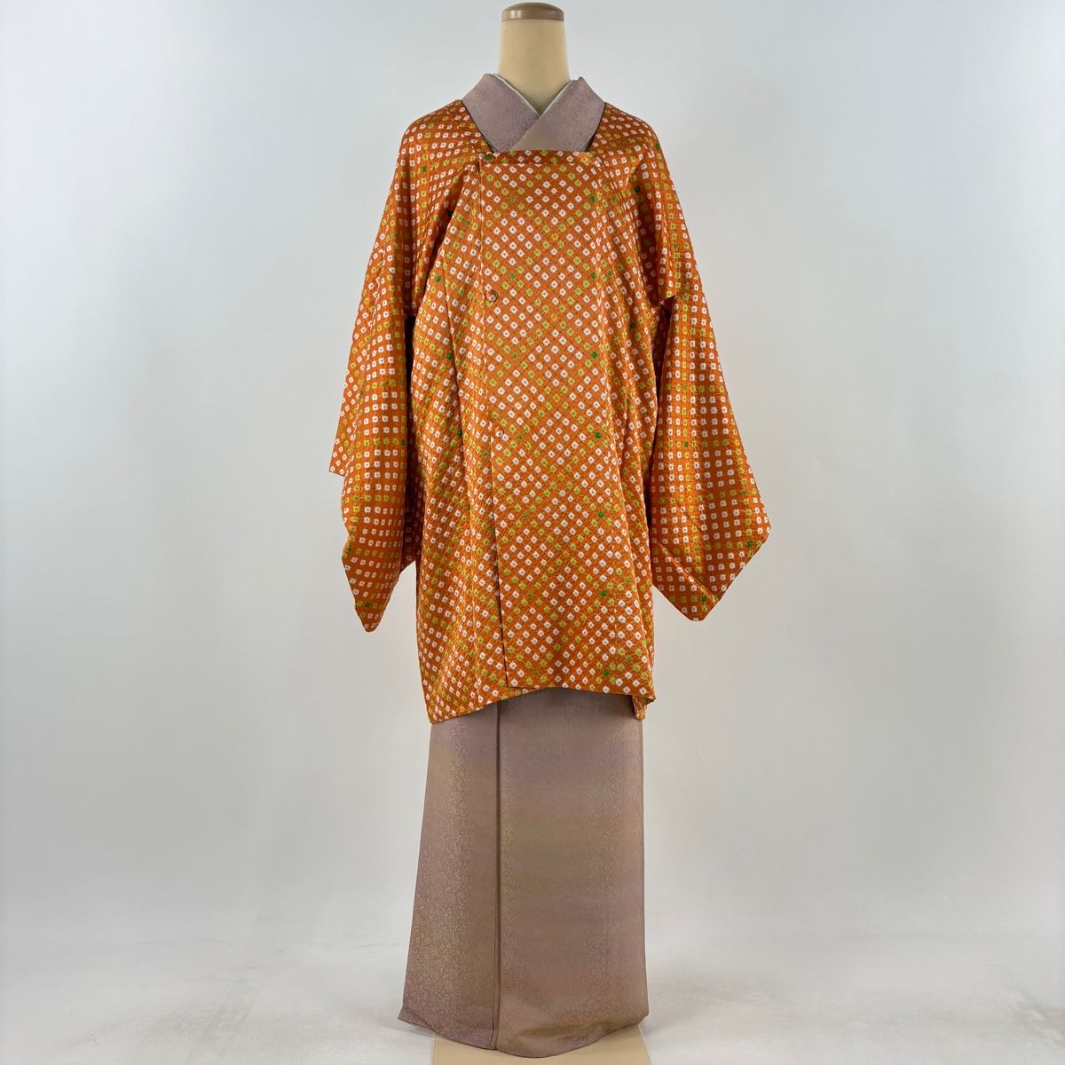 道行 身丈94cm 裄丈69cm L 和装コート 角衿 絞り オレンジ 正絹 秀品