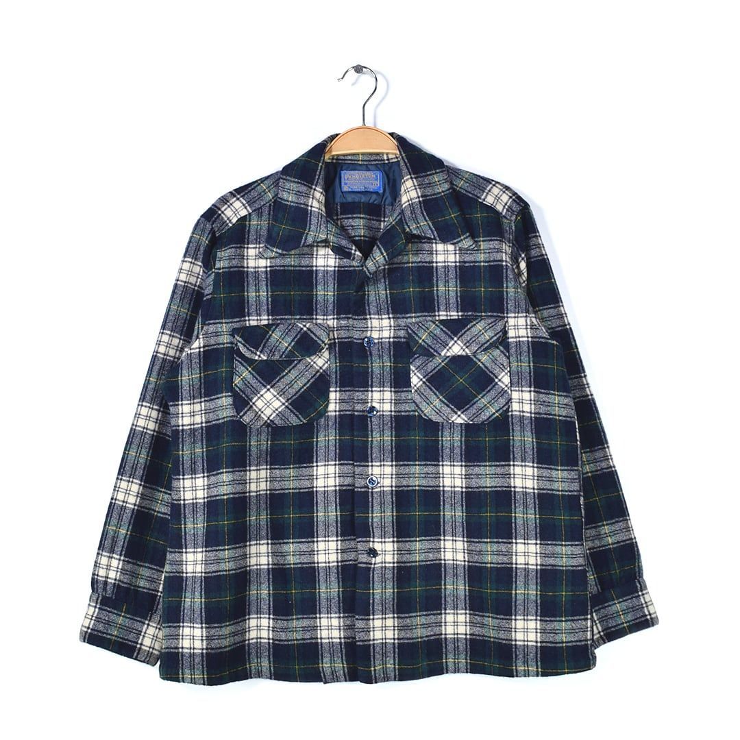 70s ペンドルトン USA製 ヴィンテージウールシャツ オープンカラー 開襟シャツ タータンチェック PENDLETON メンズL 古着 @CA1401