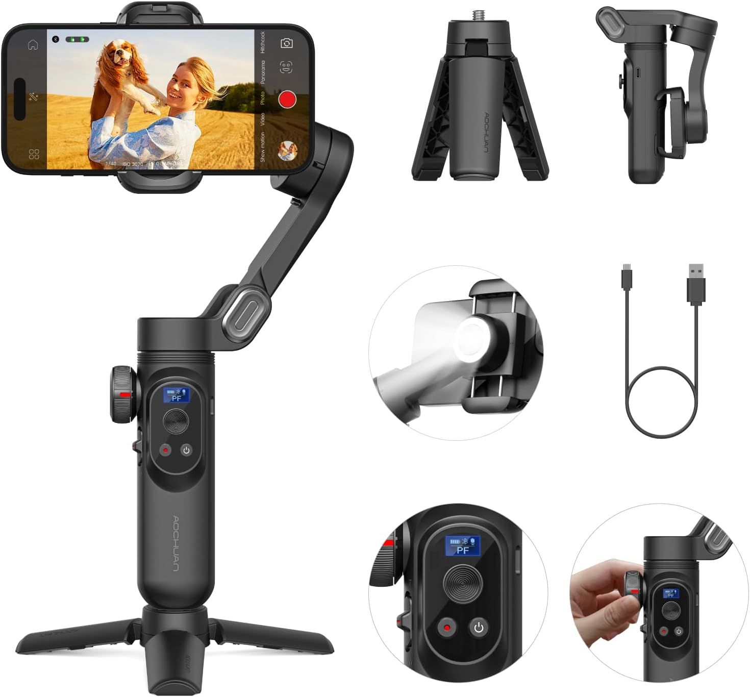 AOCHUAN スマートフォン用ジンバルスタビライザー， ワイヤレス充電iPhoe用ジンバル iPhoe 15 Pro Max/Android用折りたたみ式3軸ハンドヘルドスマホジンバル ビデオ撮影用フェイストラッキング-Smart X