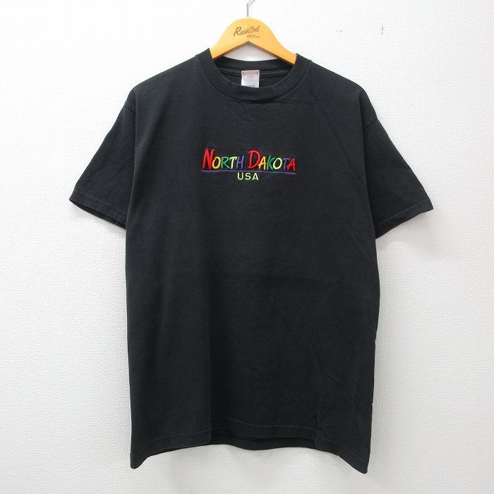 L/古着 半袖 ビンテージ Tシャツ メンズ 00s ノースダコタ 刺繍 コットン クルーネック 黒 ブラック 23may15 中古